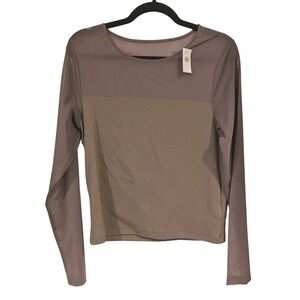 Gap Mesh Yoke Long Sleeve Top L Mauve‎ Brown Mixed Media Sheer Grunge Edgy